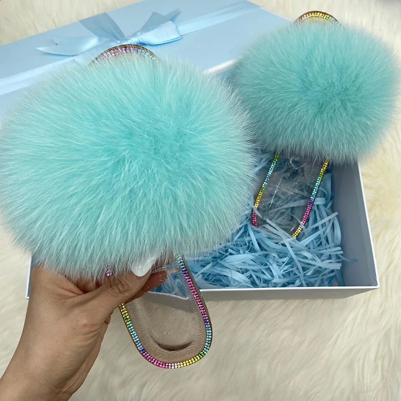 100% Natural Raccoon Fur Furry Slippers Crystal Flats Plush Slides Real Fox Fur Sandals Ladies Transparent Jelly Slipper 240910