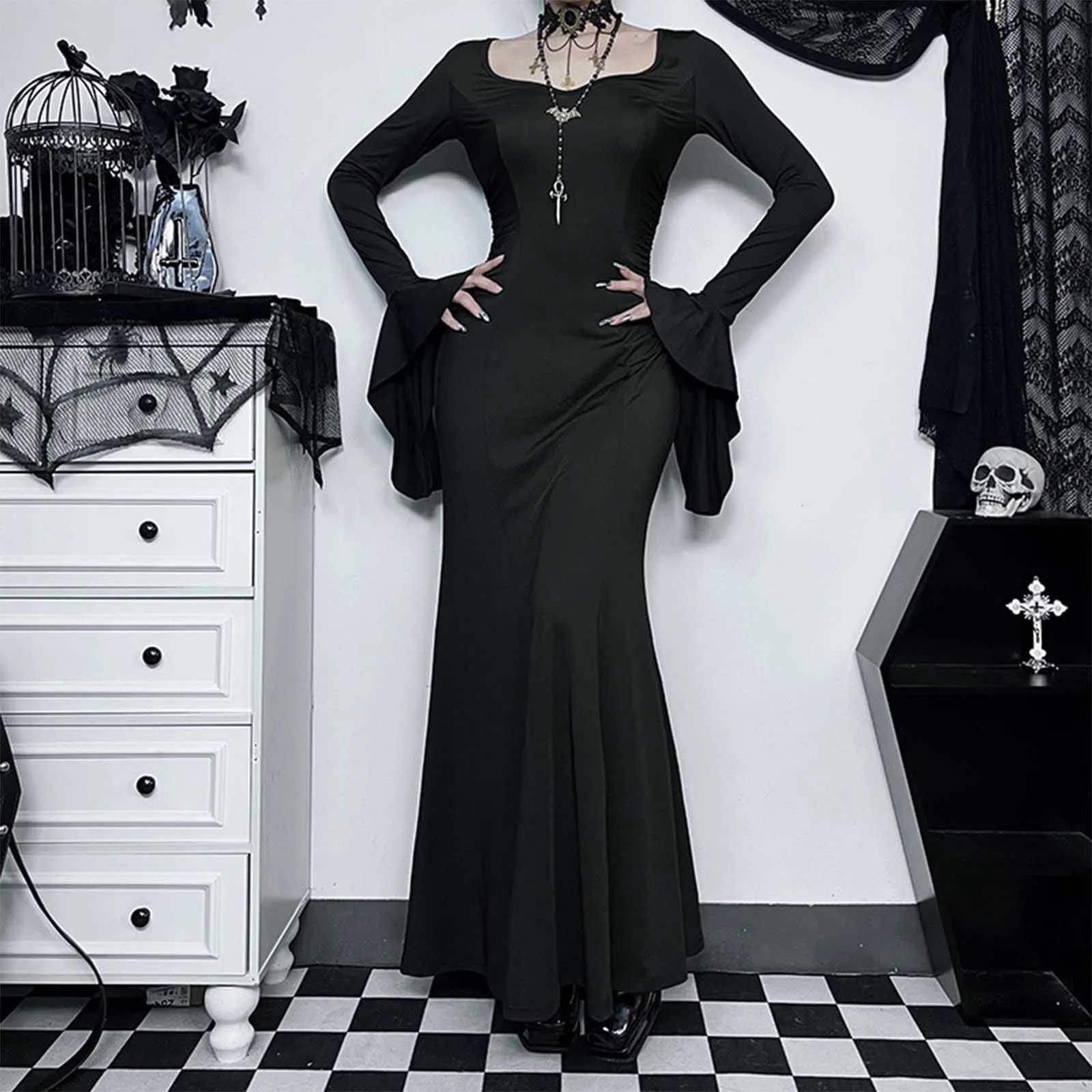 Halloween Gothic Grunge Punk Women Dress Long Sleeve Lace Slim Black Dresses 2024 New Y2K Harajuku Lolita Fairy Core Party DressX240912