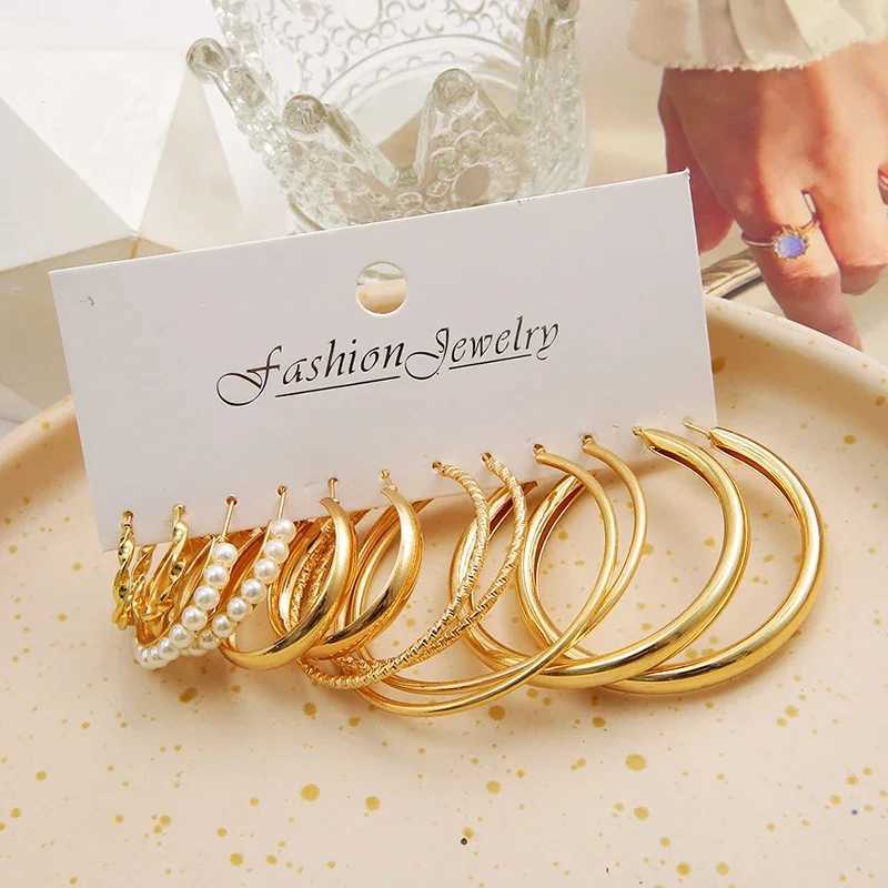 Boho Big Circle Hoop Earring Set for Women Gold Color Bohemia Vintage Pearl Earring Heart Zircon Ear Studs Jewelry GiftsX2409