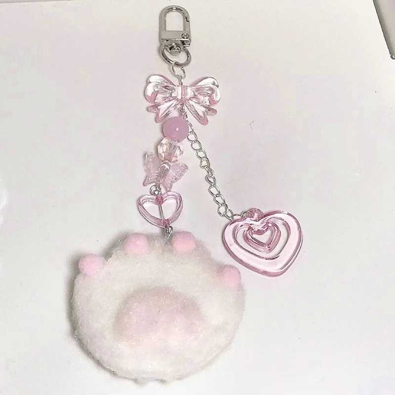 Cute plush cat paw pendant keychain Y2K cute girl star pink heart-shaped bow mobile phone pendant acrylic keychain W240911