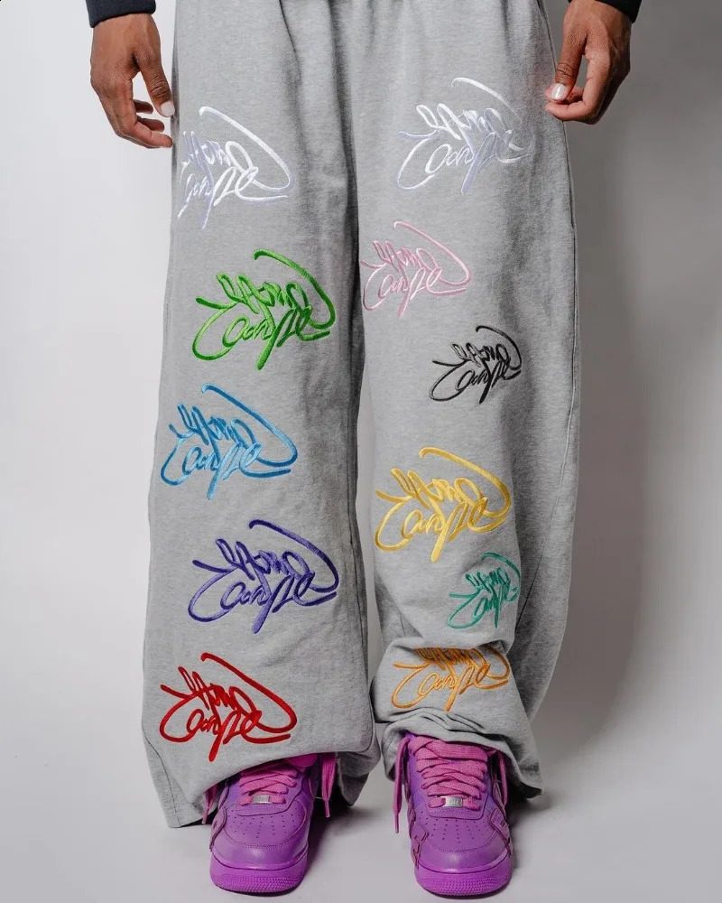 Loose Fashionable Wide-leg Pants Y2k Color Letter Print Oversized Trousers Men Harajuku Retro Street Nine-point Pants Women 240910