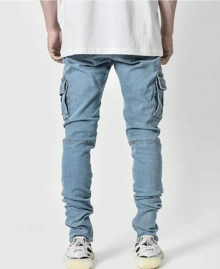 Mens jeans pencil pants cargo denim solid ankle length wash pocket mid waist leather case slim stretchy high street 2024 W240912