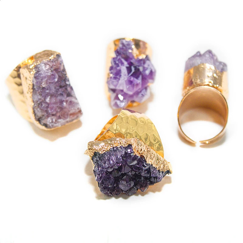 Irregular Rough Stone Ring for Women Purple Crystal Cluster Gemstones Jewelry Open Finger 240906