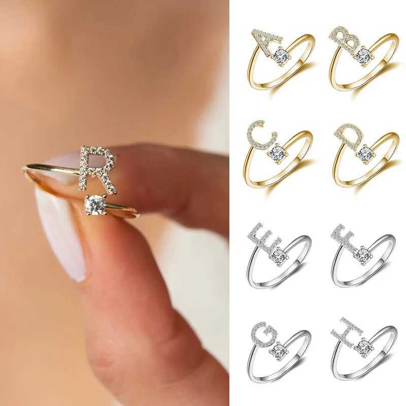 2024 Trends A-Z Womens Initial Ring Open Adjustable Stainless Steel Wedding Ring Zircon Couple Jewelry Accessories Gift W240925