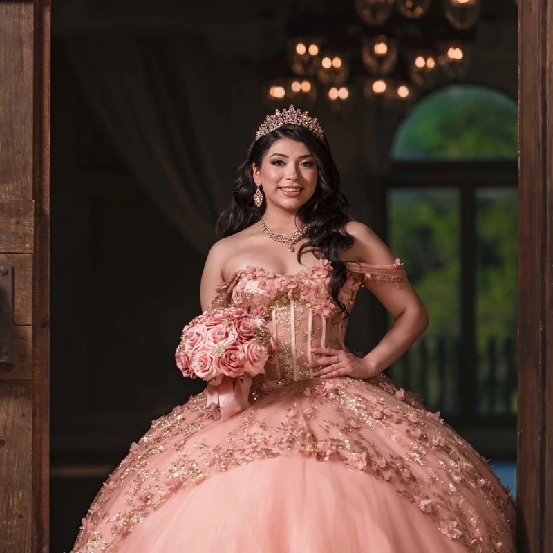 Pink Shiny Quinceanera Dresses Ball Gown Off The Shoulder 3D Floral Sequin Lace Applique Beaded Tull Corset Sweet 16 Dress Vestido 15 De