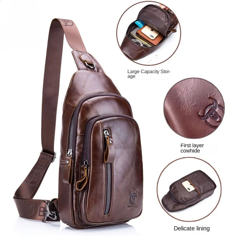 mens leather bag fashionable chest bag large capacity mens shoulder bag outdoor sports cross body bag travel handbag 240907