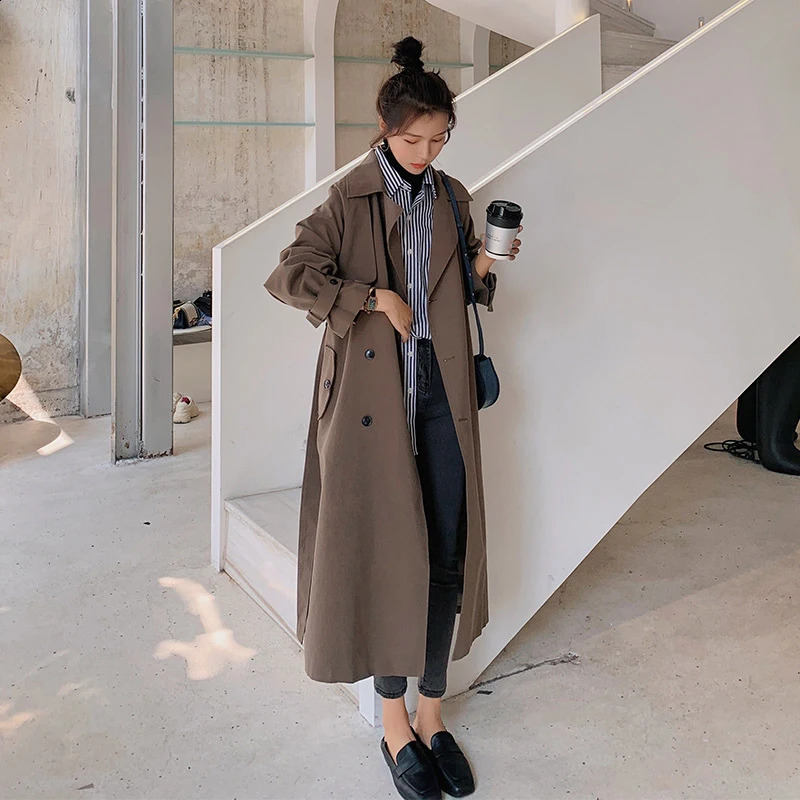Fashion coffee colored long trench coat womens clothing spring/summer item Korean waist windproof coat 240911