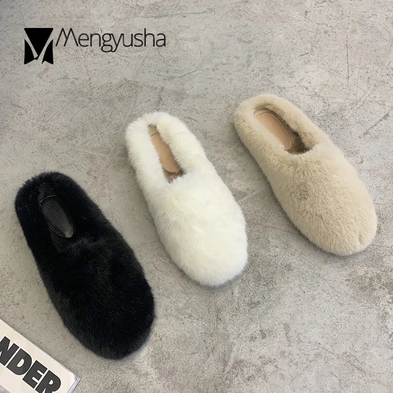 Women Winter fur slippers solid warm furry mules cold resistence cotton shoes female cozy closed toe shearling slides pantuflas 240911