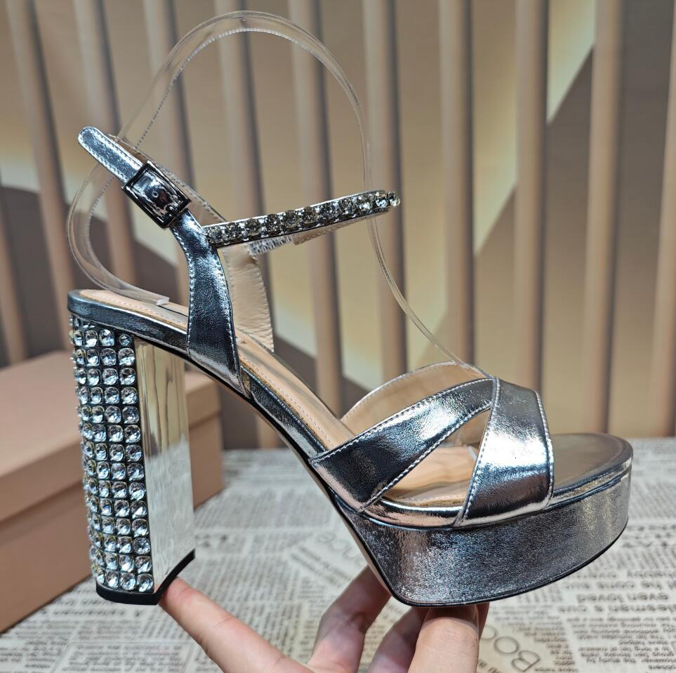 Bg Crystal Chunky Heel Women Summer Sandal Shoes Gold Sier Rhie Ankle Strap Cross-Straps Platform Wedding Shoe