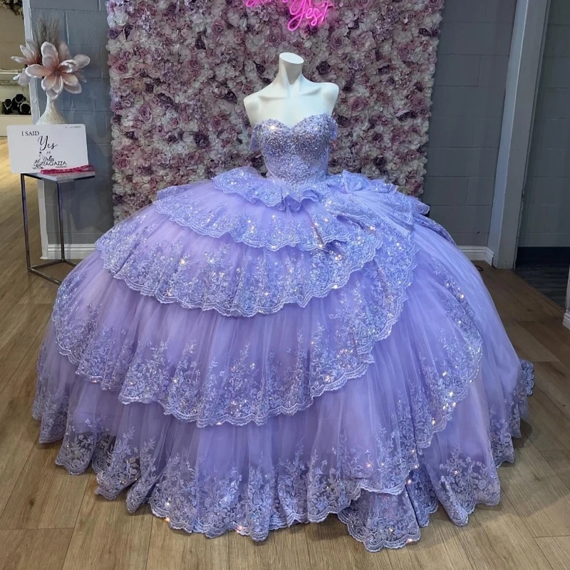 Lavender Mexican Quinceanera Dressess Luxury Applique Lace Beads Crystal Bow Tull Tiered vestido 15 quinceaneras Corset Lace Up Swee 16 Dress