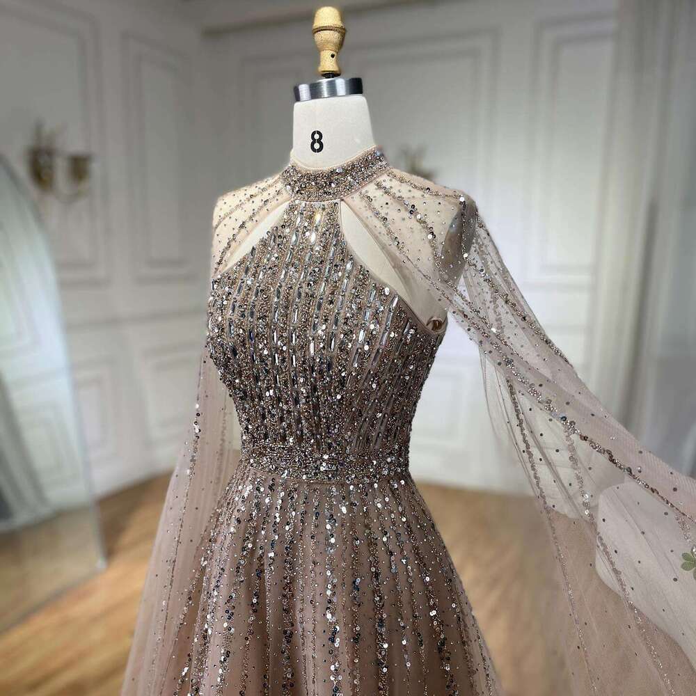 SERENE HILL Arabic Caramel A-E Cape Sleeves Beaded Dubai Evening Dresses Gowns For Women Party 2024