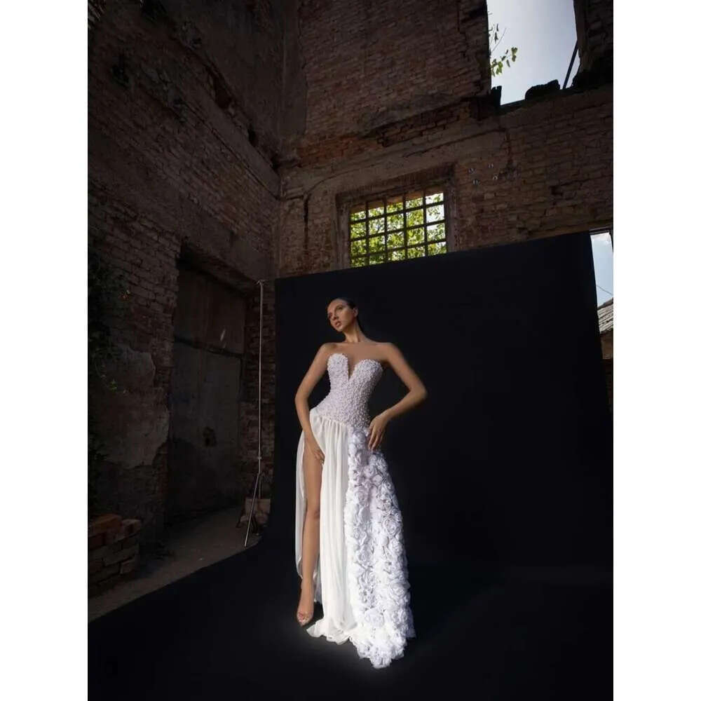 Romantic Elegant Slit Dress Side A Weeding Bride Robe Pearls D Wers Or Length Bridal Dresses Vestidos De Novia Es E Es E S