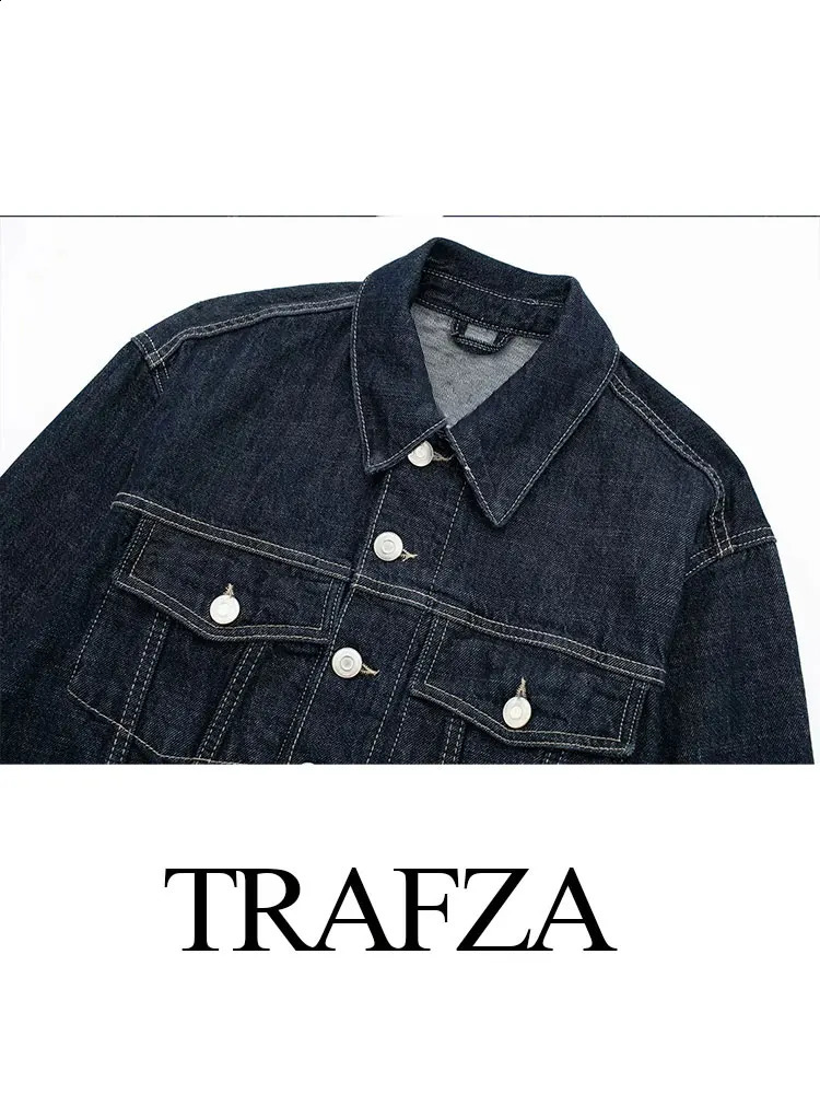 TRAFZA Womens Suit Retro Splicing Singlebreasted Pocket Denim JacketHighwaisted Zippered Wideleg Pants 2piece Set 240910