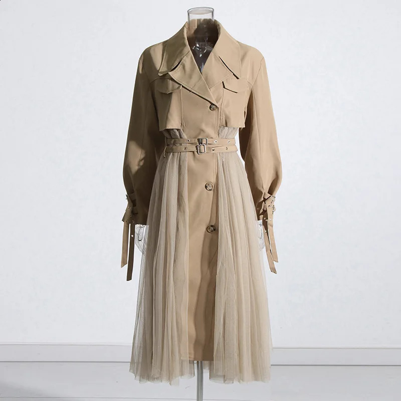 SuperAen Autumn Trench Coat Womens Loose Mesh Splicing Casual Fashion High Waist Long Coat 240911
