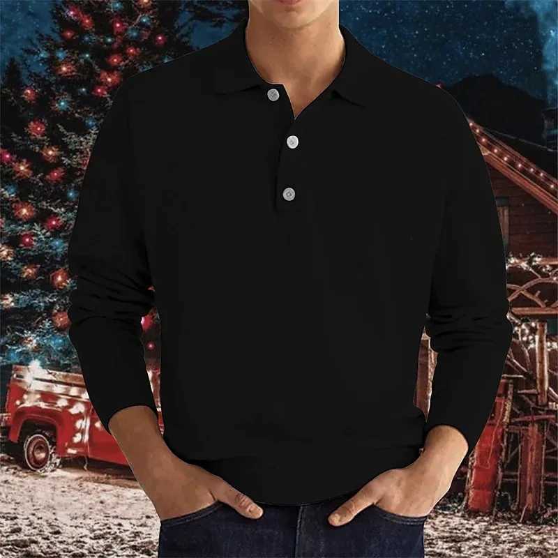 Men 2024 Autumn New Lapel Solid Color Casual Long Sleeve V Button Mens High Quality Fashion Shirt POLO ShirtX240912