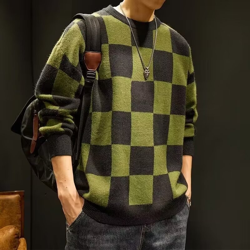 Men Sweaters Autumn and winter plaid sweater mens trendy round neck base line sweater knitted sweater winter clothes men Mens crew neck sweater
