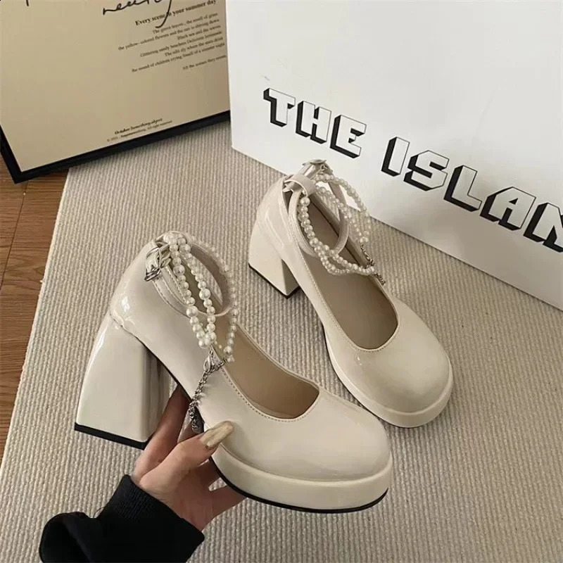 2025 new Ladies Elegant Bow Square Toe Black High Heels Fashion Thick Heel Party Pearl Lace Wedding Shoe 240904