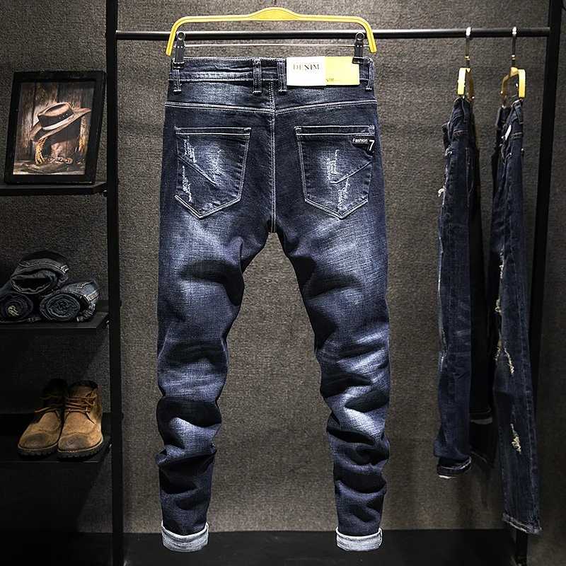 2024 new open top jeans mens slim fit denim pants cotton Korean fashion elastic version blue black mens clothing W250319