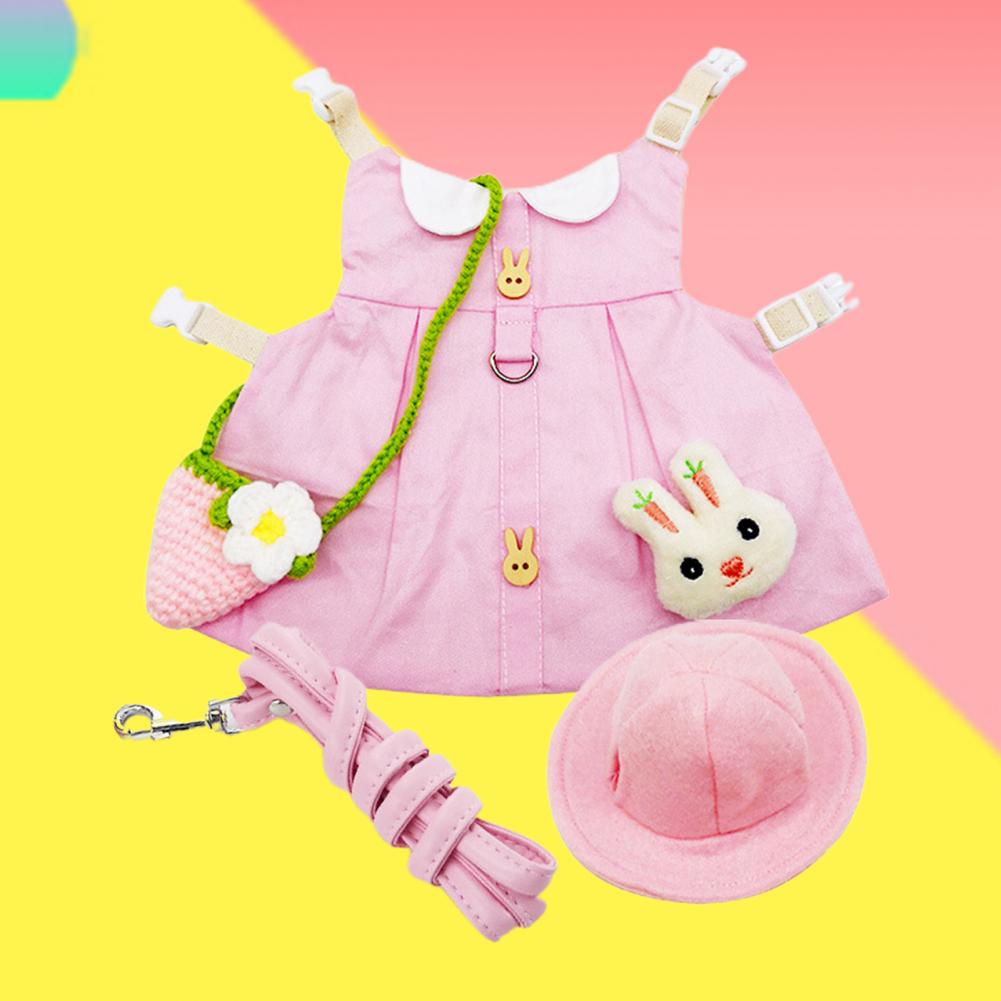 1 Set Pet Rabbit Princess Pink Clothes Hat Jewelry Costume Fine Workmanship Fabric Cartoon Pattern Adjustable Bunny Dress