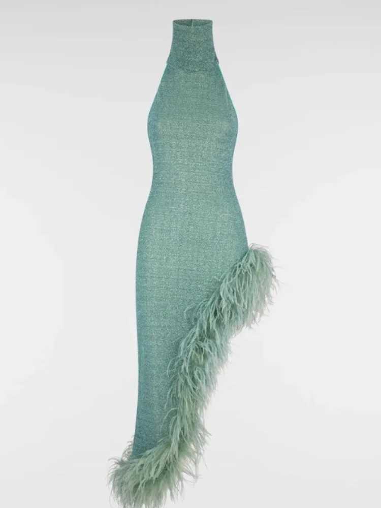 Bright Silk Feather Hem Patchwork Long Gowns Green Split Turtleneck Sleeveless Slim Dresses Women Irregular Elegant Party RobesX240912