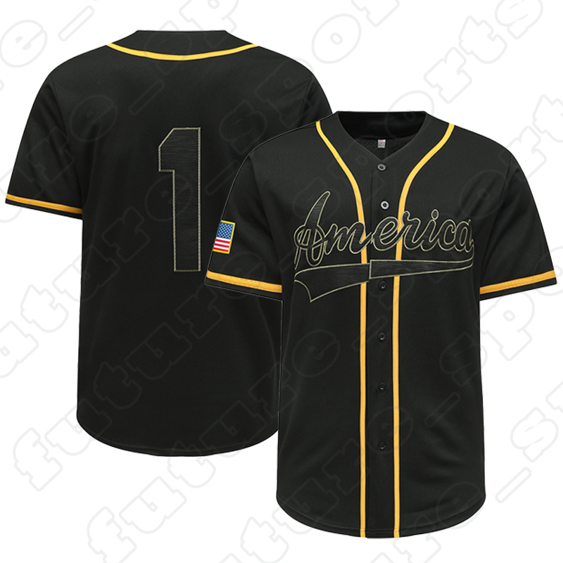 Men's 1 America Trump Embroidered Black Salute To Service Baseball Jersey Shirts Uniform Jerseys Shirt Baseball Button Down Shirt Gifts for Men
