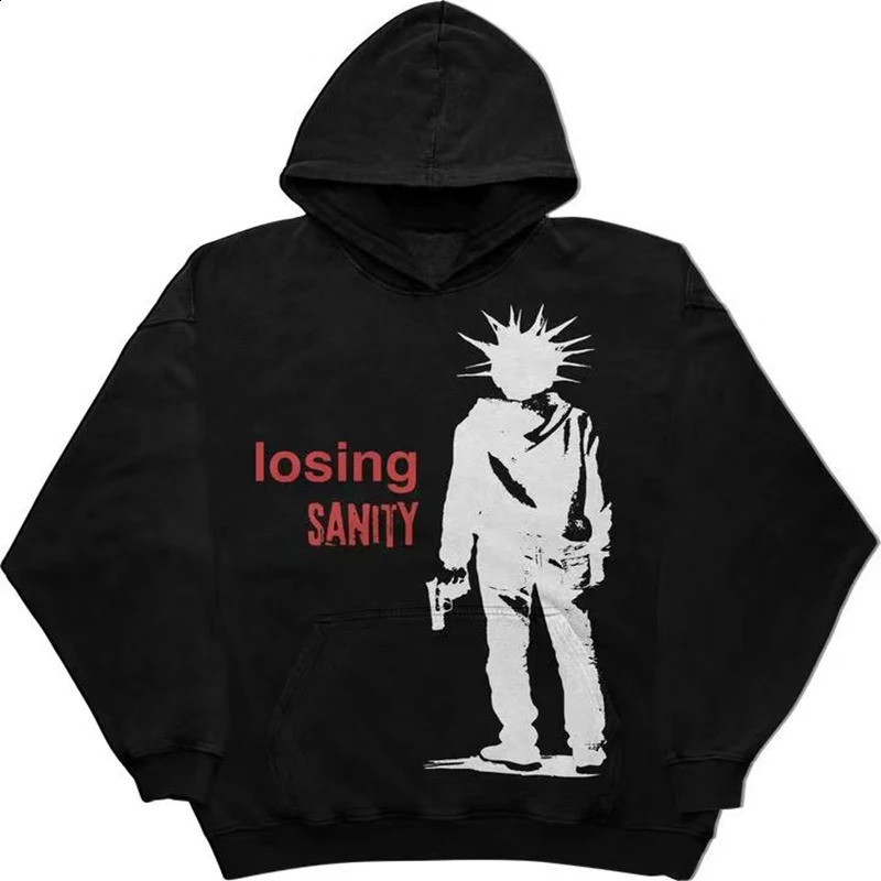 2000s Vintage Mens Streetwear Portrait Comic Print Long Sleeve Oversized Hoodies Y2K Gothic Harajuku Pullovers Sport Clothes 240911