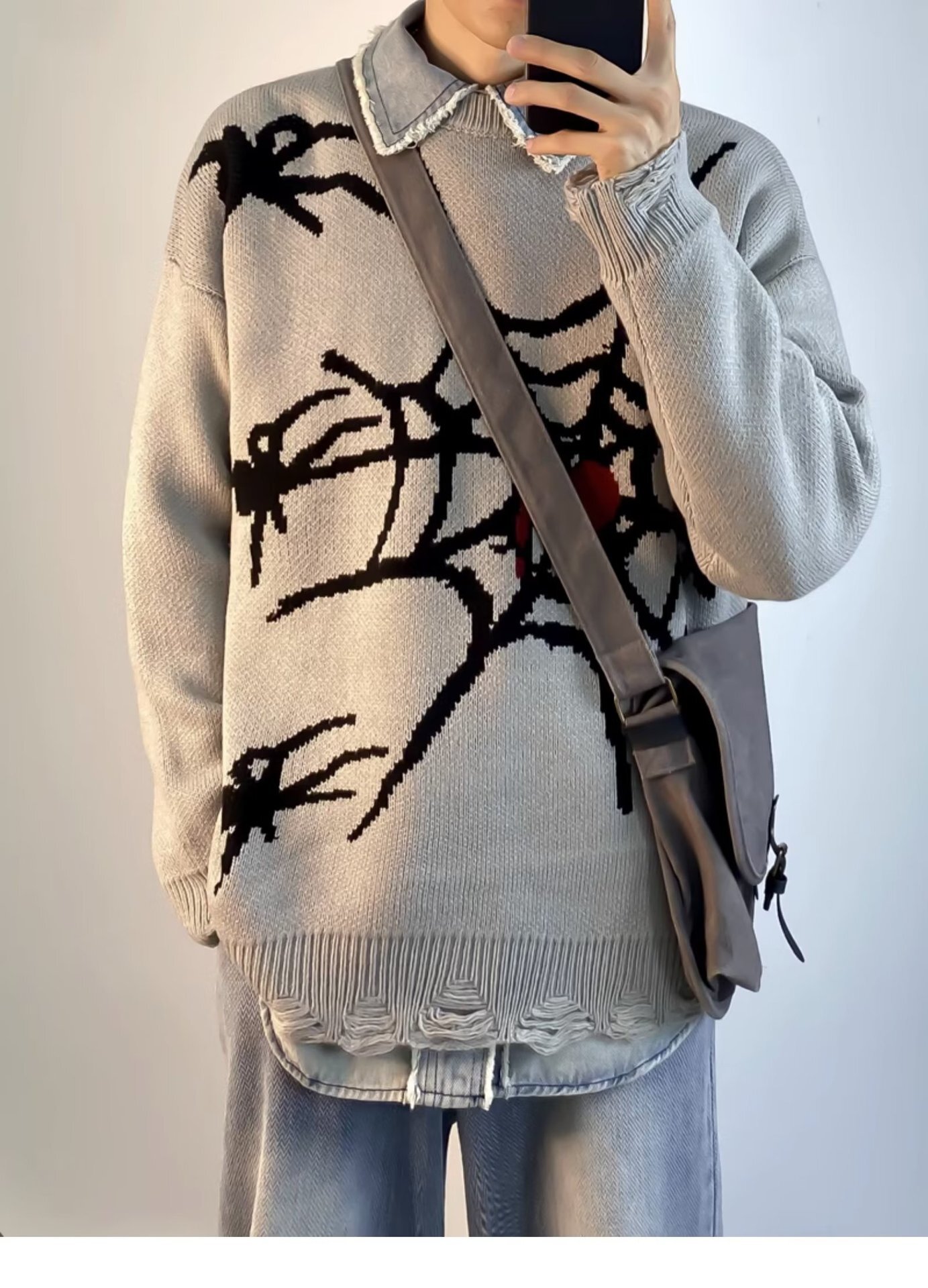 Halloween Men Sweaters Trendy Brand Dark Spider Jacquard Ragged Thread Clothes Mens Winter High Street Long Sleeve Knitted Sweater Casual Mens crew ne