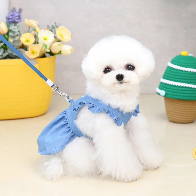 Summer Dog Dress Denim Skirt Harness Dresses Female Dog Clothes Puppy Maltese Bichon Clothing Yorkies Poodle Pomeranian Costume