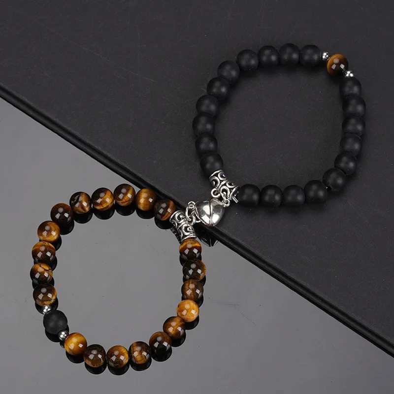 2Pcs/Set Beads Bracelet For Lovers Natural Stone Distance Heart Magnet Couple Bracelets Friendship Fashion Jewelry GiftX240912