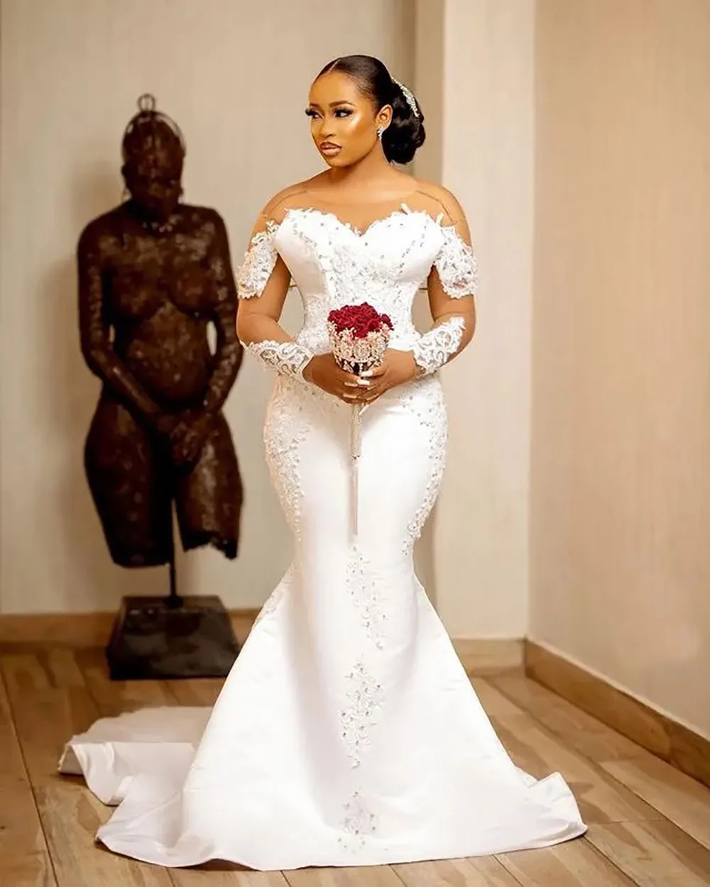Sexy White Ivory Sweetheart Mermaid Wedding Dresses Formal Trumpet New Plus Size Custom Lace Up Blackless Long Sleeve Satin Applique Beaded Illusion Bridal Gowns