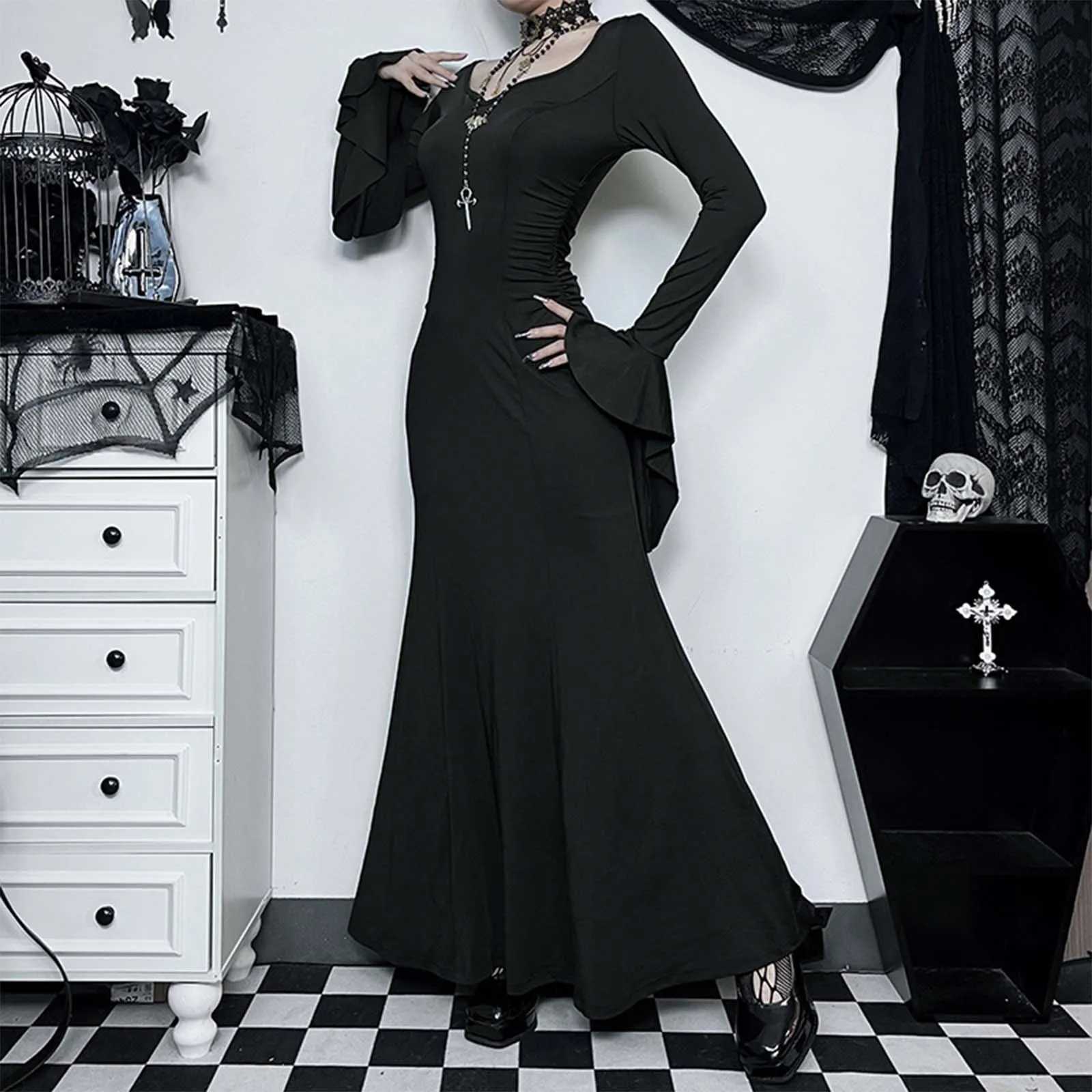 Halloween Gothic Grunge Punk Women Dress Long Sleeve Lace Slim Black Dresses 2024 New Y2K Harajuku Lolita Fairy Core Party DressX240912