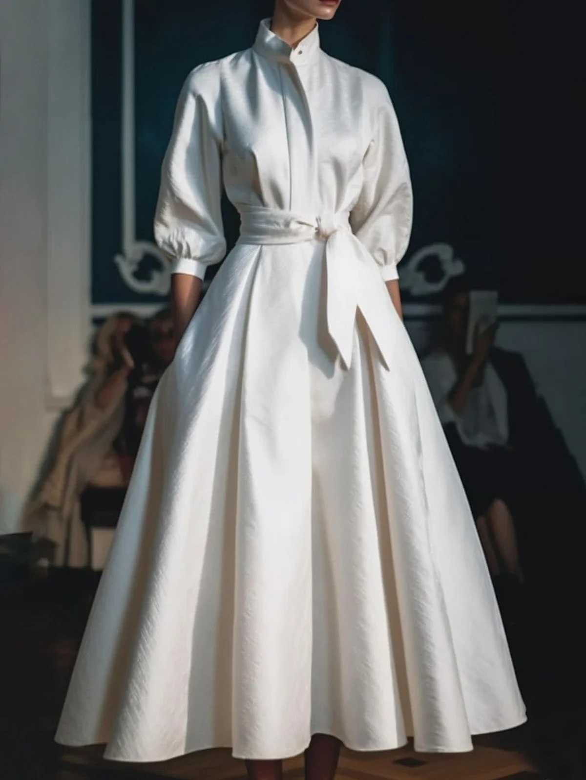 Elegant Womens Dress Casual Solid Color Stand Collar Shirt Mid-Length Waisted Evening Party Dress Womens Long Dress 2024X240912