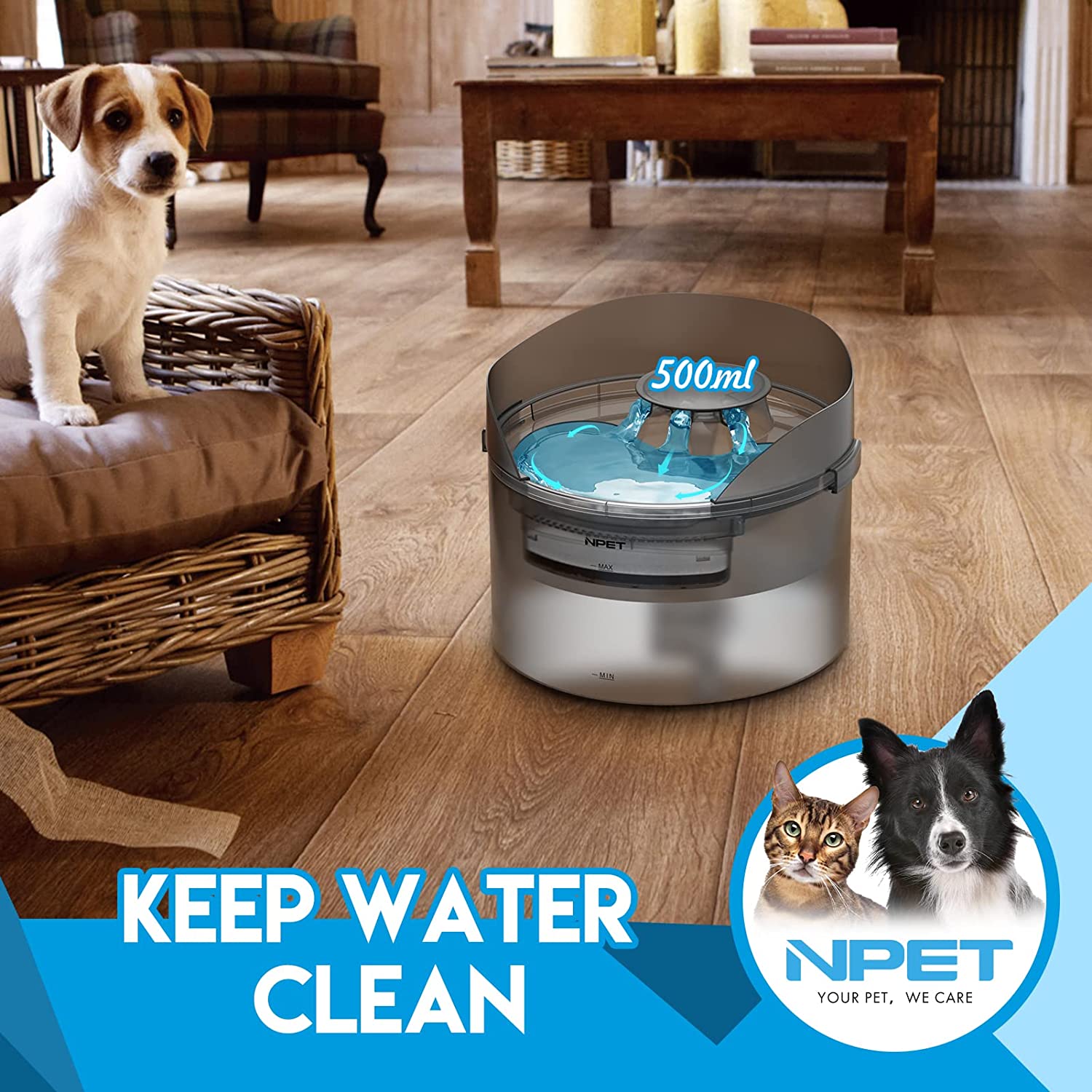 NPET Large Capacity 8L Pet Water Fountain for Dog Automatic Water Feeder with Splash Guard