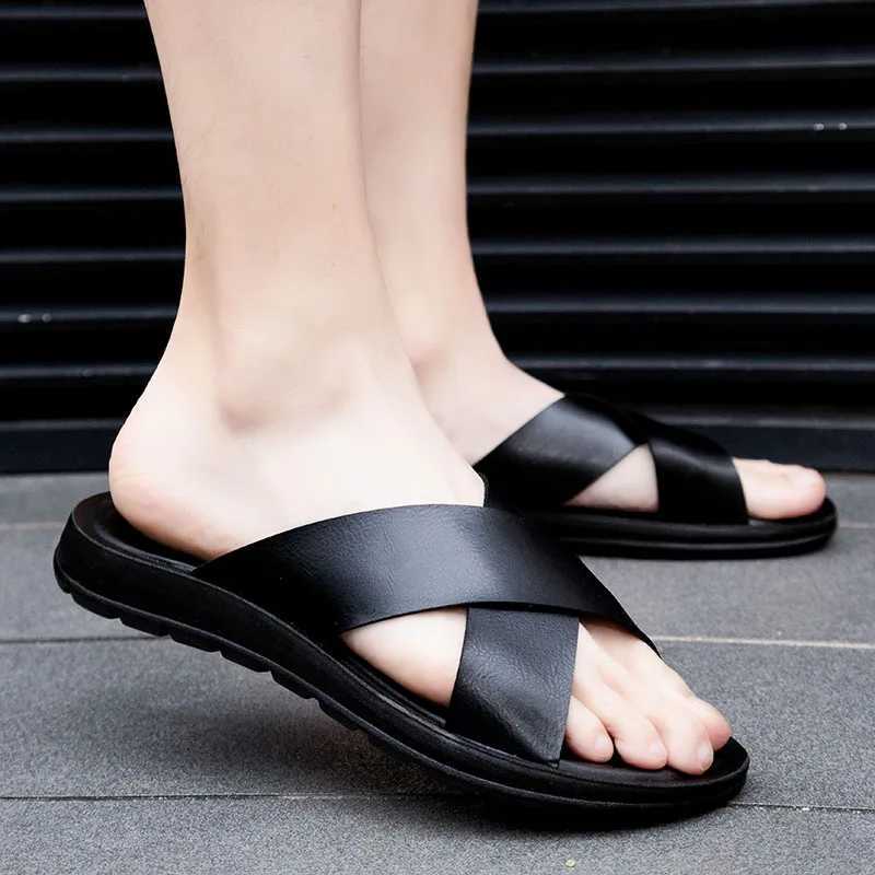 2023 Womens Real Leather Slippers Summer New Black White/red/yellow Cross Over Slippers Mens Leisure Comfort Flat SandalsXJ250311