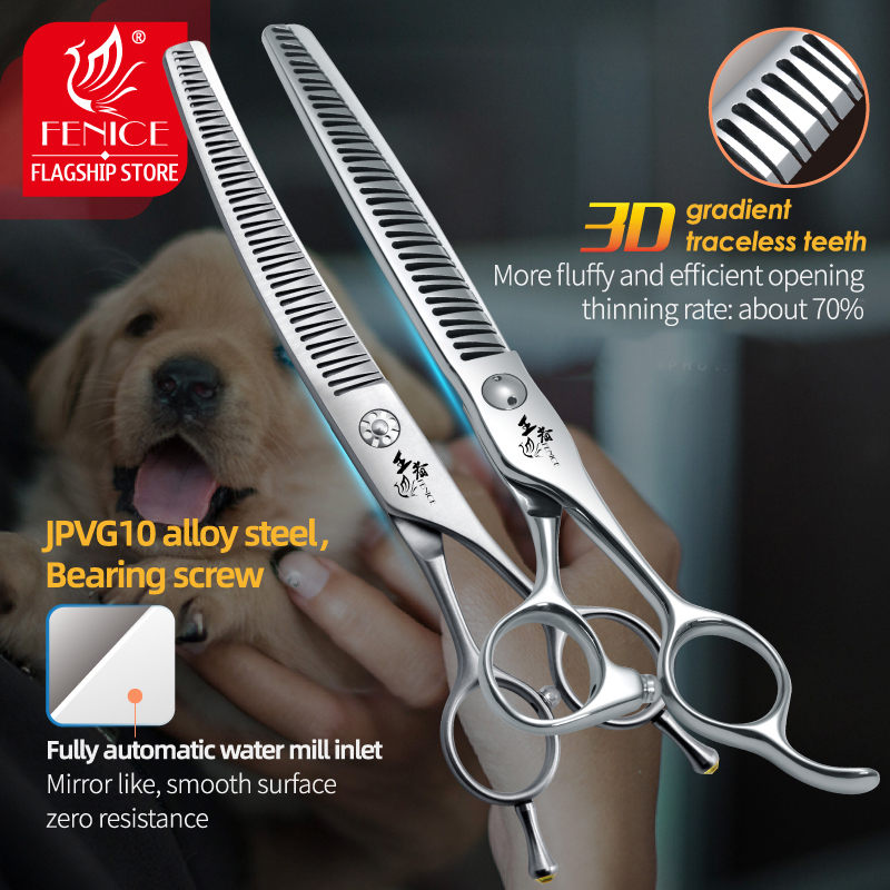 Fenice 7Inch VG10 Steel 3D Gradient Traceless Dog Grooming Straight/UP Curved Chunker Scissors Bearing Screws Pet Scissors 70%