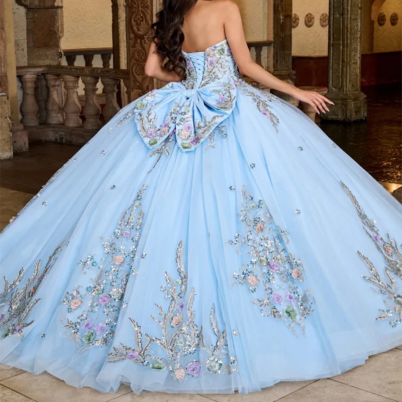 Princess Ball Gown Quinceanera Dresses Off The Shoulder Sequined Applique Lace Beads Crystal Bow Tull Sweet 16 Dress Vestido 15 De