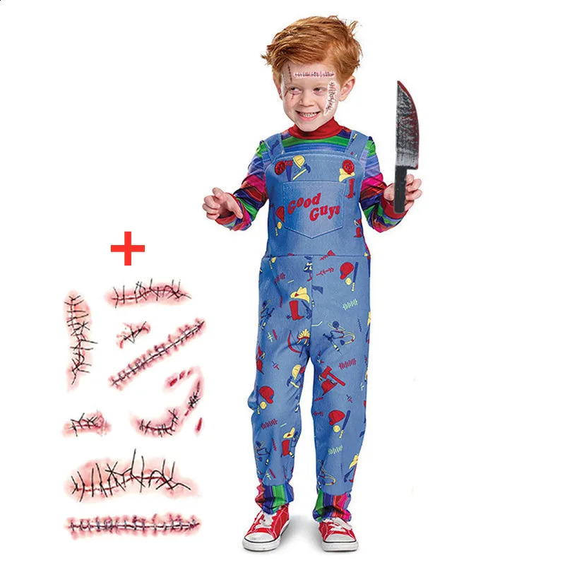 Movie Chucky Costume Halloween Kids Jumpsuit Scary Jumpsuit Scary Halloween Horror Cosplay Giveaway Scar Stickers 240912