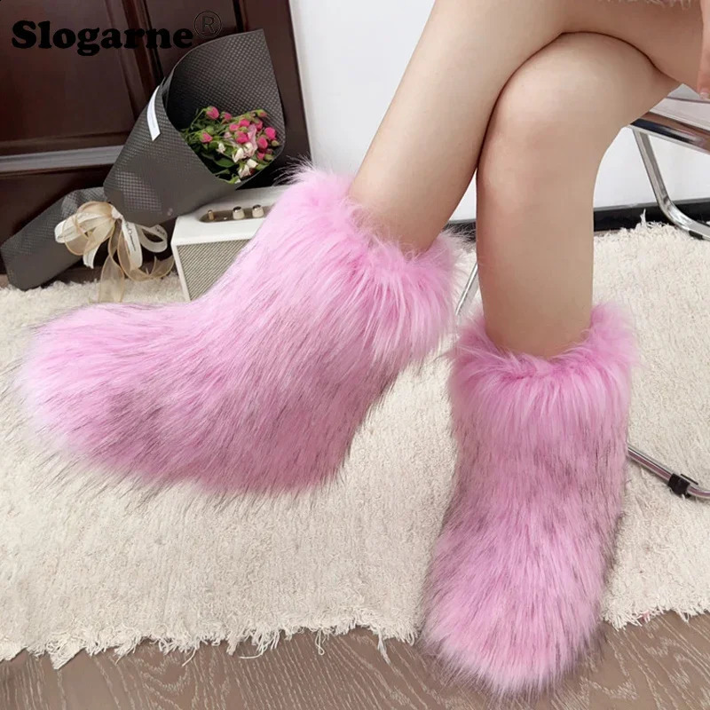 Y2K Fluffy Mid-calf Boots Winter Women Fashion Snow Boots Warm Cotton Shoes Ladies Faux Raccoon Fur Boots Furry Platform Shoes 240910