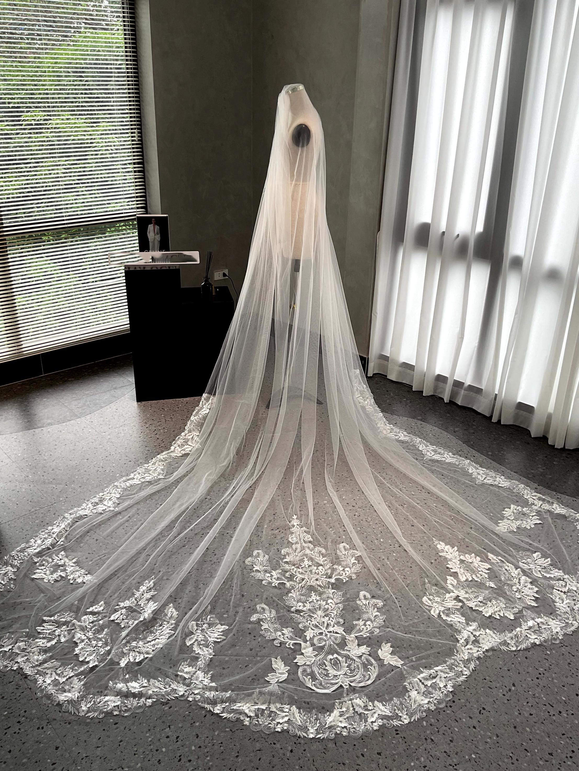 Classic Wedding Veil Lace Appliques Bridal Veil with Comb Royal Long Special Cut Veil White Ivory Custom Made Wedding Accessories