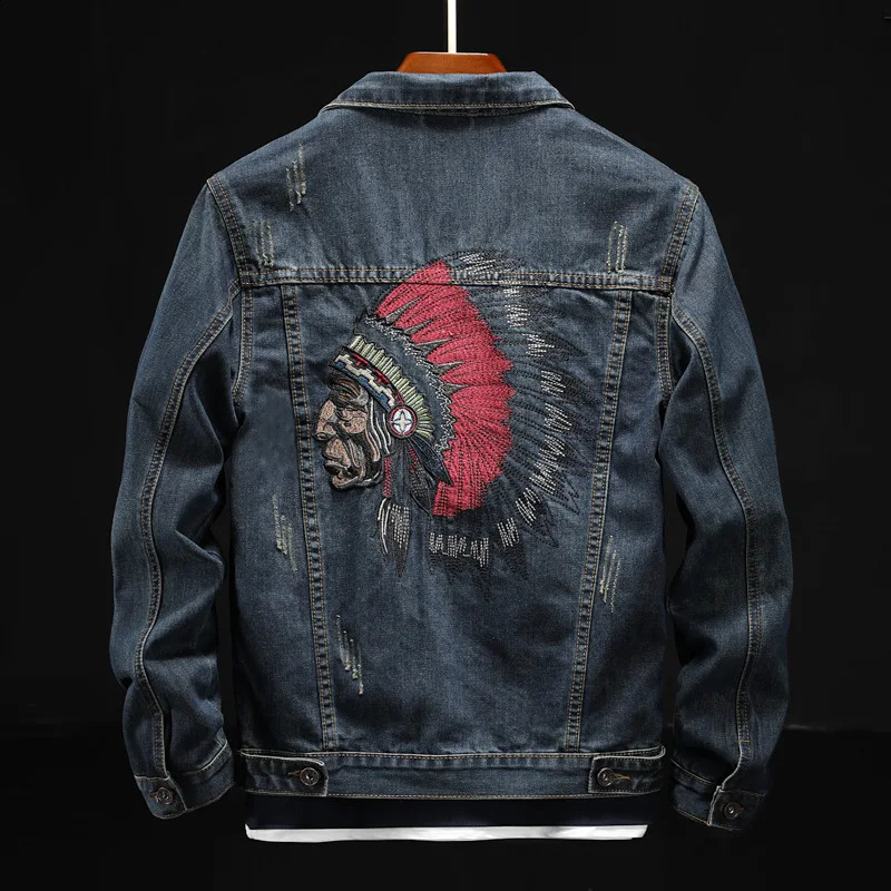 Prowow Fashion Streetwear Mens Jacket Retro Blue Indian Chieftain Embroidered Cow Jacket Mens Size M-6XL Hip Hop Punk Jacket 240906