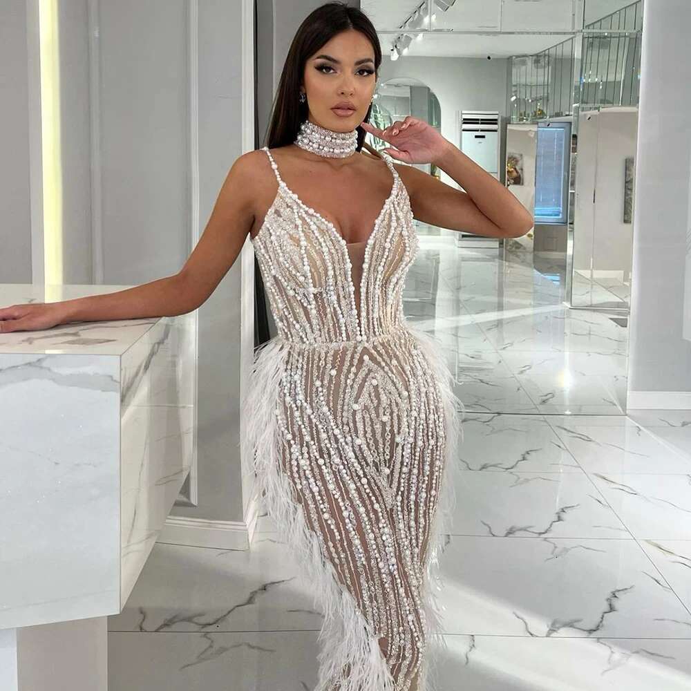 Serene Hill White Nude Mermaid Spaghetti Strap Beaded Feather Evening Dresses Prom Gowns 2024 For Woman Party