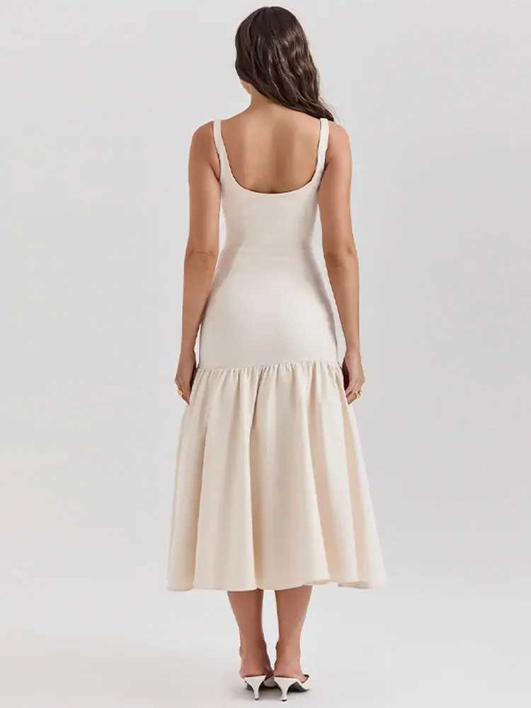 Women Fashion Solid Pleated Hem Maxi Dress Elegant Square Neck Sleeveless Backless Long Dresses 2024 Summer Lady Party VestidoX240912