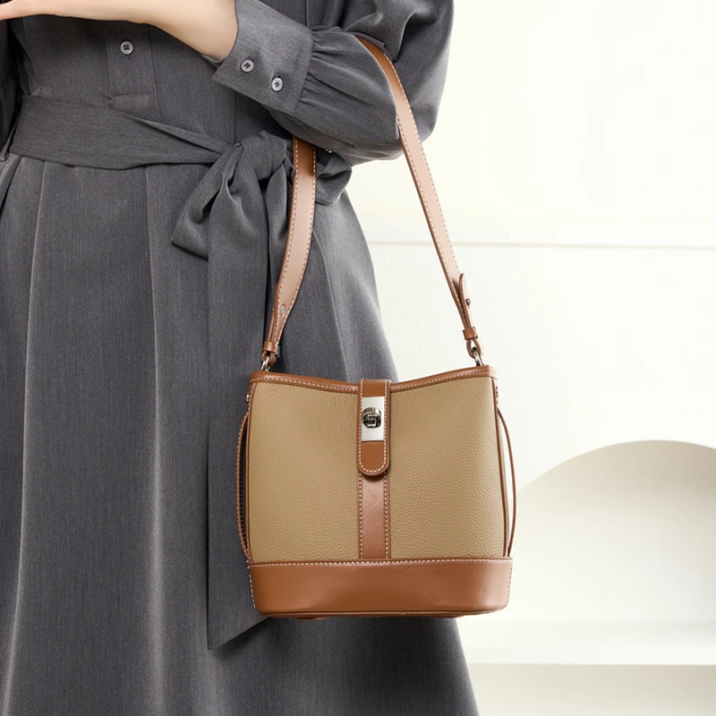 Burminsa Cowhide leather bucket womens shoulder bag trend ner cross body wallet basket handbag 240910