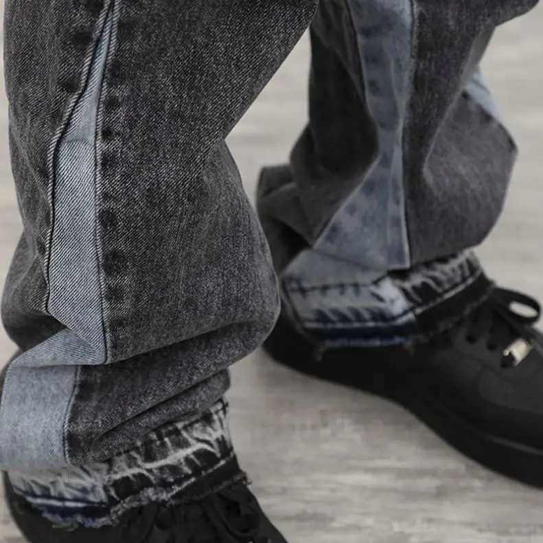 High Quality Mens Jeans Casual Black and Grey Patchwork Vintage Wash Jeans Trousers Men Custom Flares Denim Jeans M240912