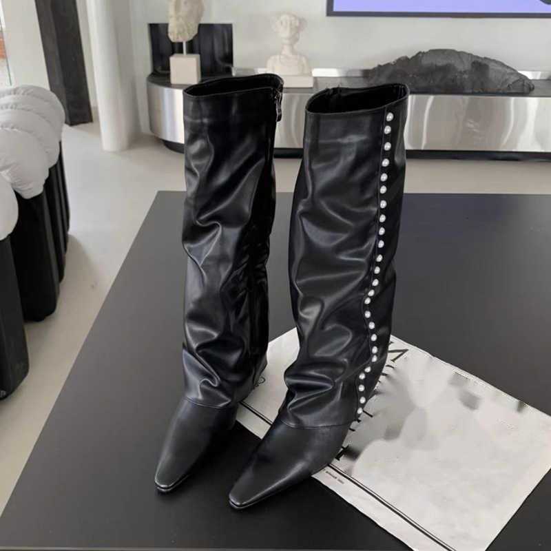 Shining Legs Thin White Martin Boots Mesh Fat Mm Pointed Fashion Boots Slope Heel High Knee Length Boots For Women 240826
