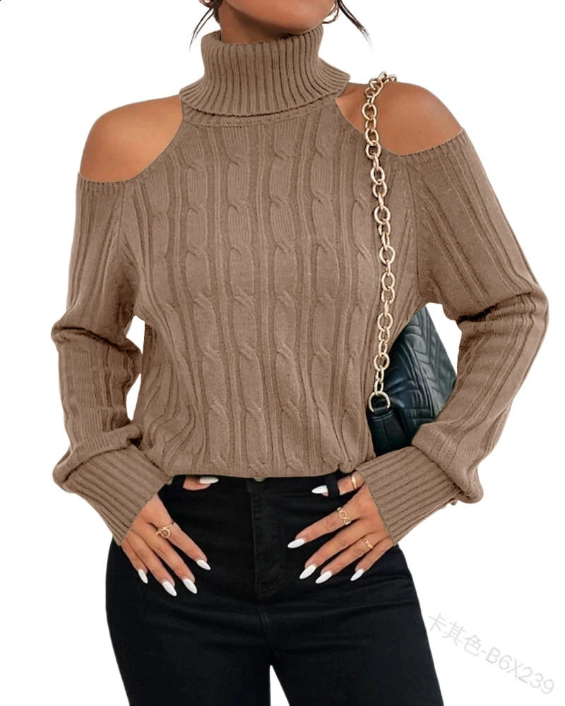 Womens Turtleneck Off Shoulder Sweater Sexy Cold Shoulder Top 2024 Autumn Winter Long Sleeve Soft Cable Knitted Pullovers 240911
