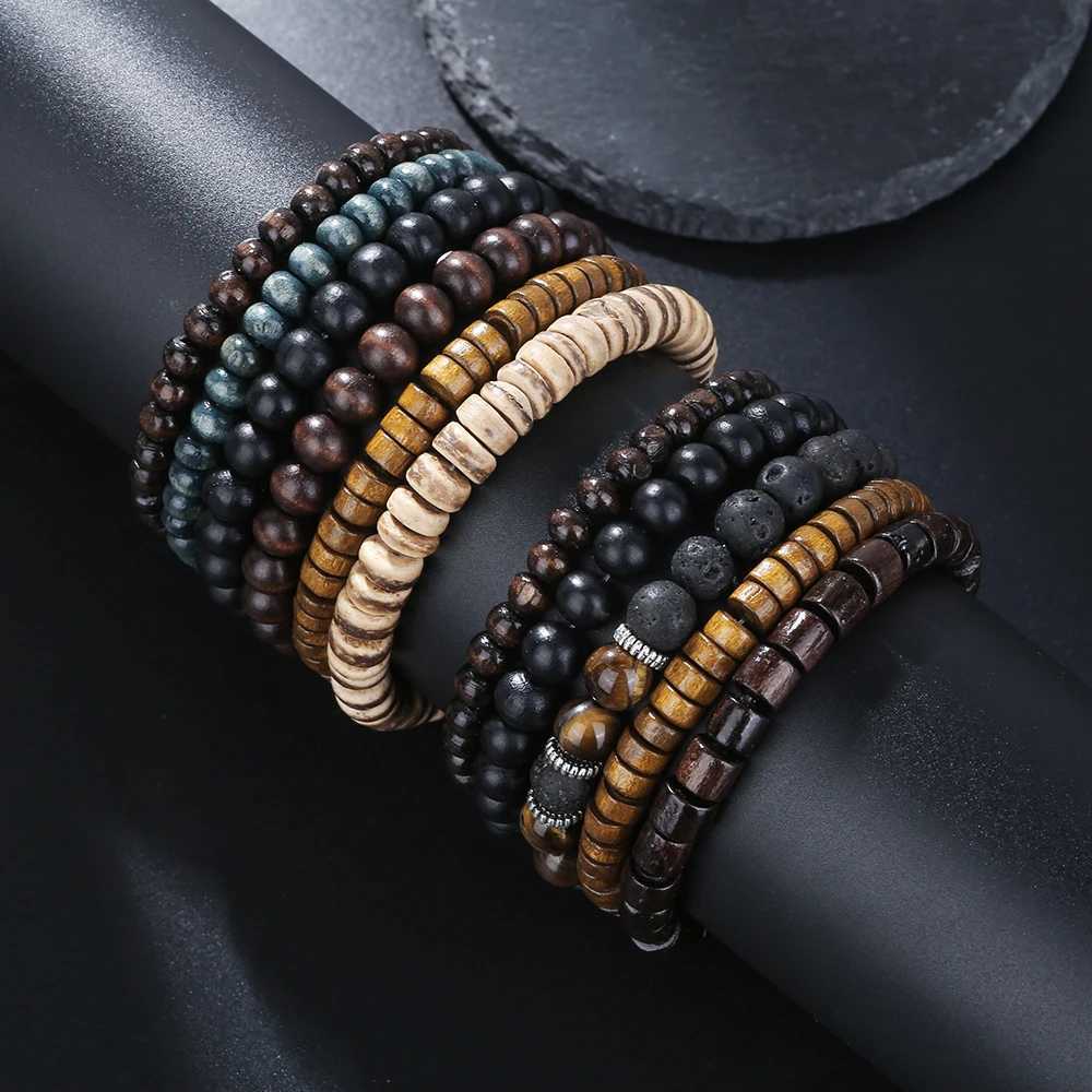 Best-selling Multi-layer Buddha Wood Bead Bracelets Sets Mens Retro Style Multi-layer Elastic Thread Adjustable Wooden BraceletX240912