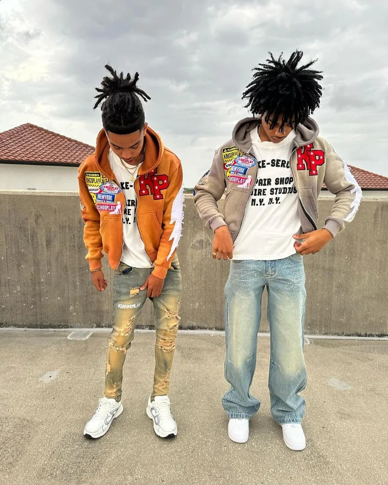 American letter printing lightning embroidery super large hooded sweatshirt for women Y2k street hiphop paradigm casual zipper men 240904