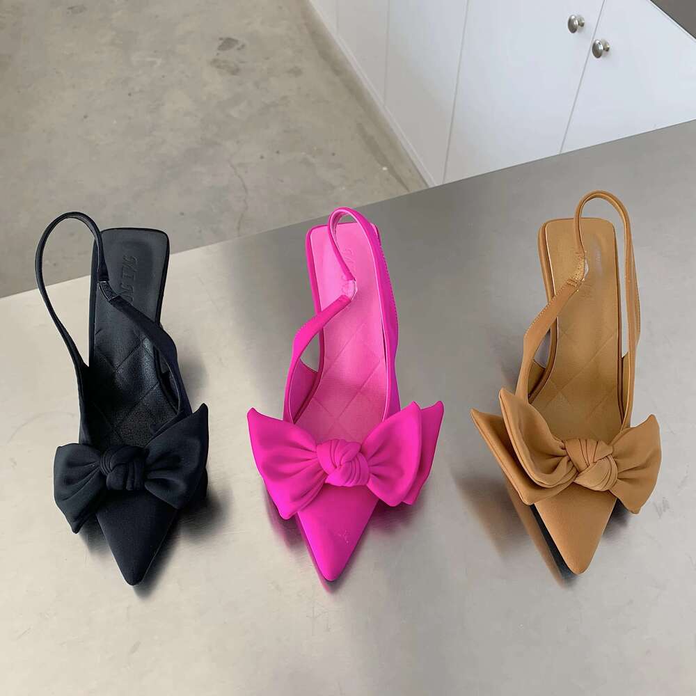 Summer Brand Women Sgback Sandals Heeled Fashion Bow-knot Pointed Toe Slip on Ladies Elegant Dress Pumps Shoes
