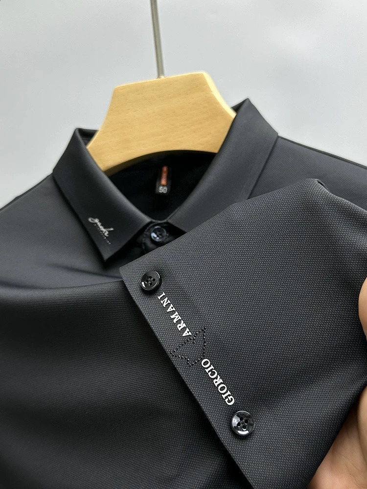 High end ice silk seamless breathable short sleeve Tshirt mens lapel summer trend letter embroidery casual polo shirt 240911